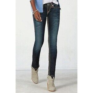 New Womens True Religion Brand Jeans Dark Blue 26 NWT Super T Skinny Flap White